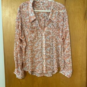Free People Elegant Floral Sheer Blouse in Coral